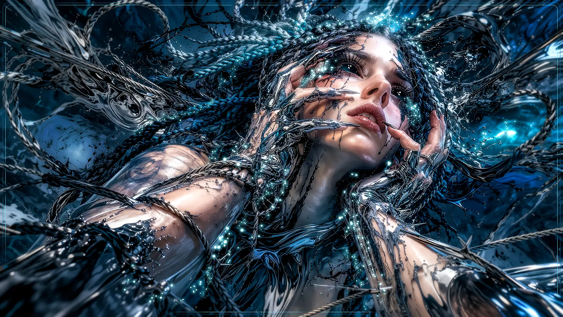 Hyper-real dark artwork capturing a figure at the breaking point, overtaken by liquid metal and abstract biomechanical elements.