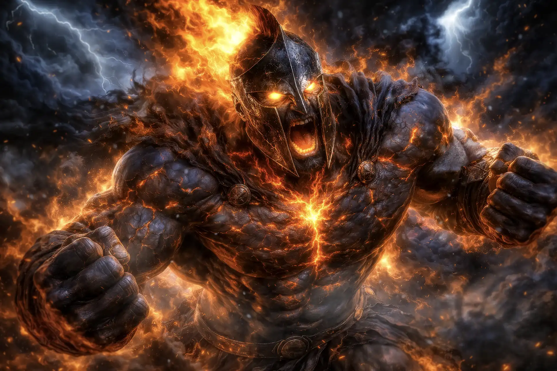 Colossal fire-forged warlord rising through smoke and lightning, cinematic dark fantasy artwork