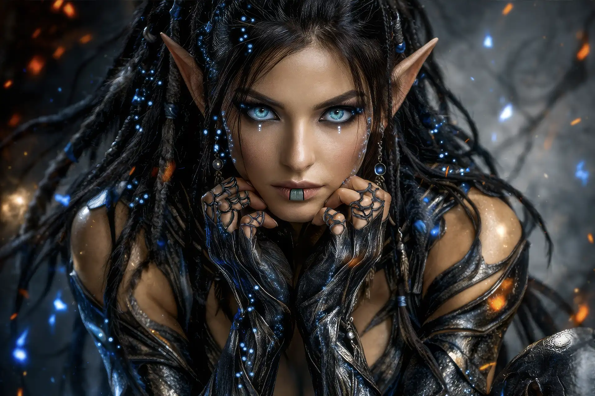 Elven assassin in shadow with piercing gaze, dark fantasy portrait with cinematic lighting