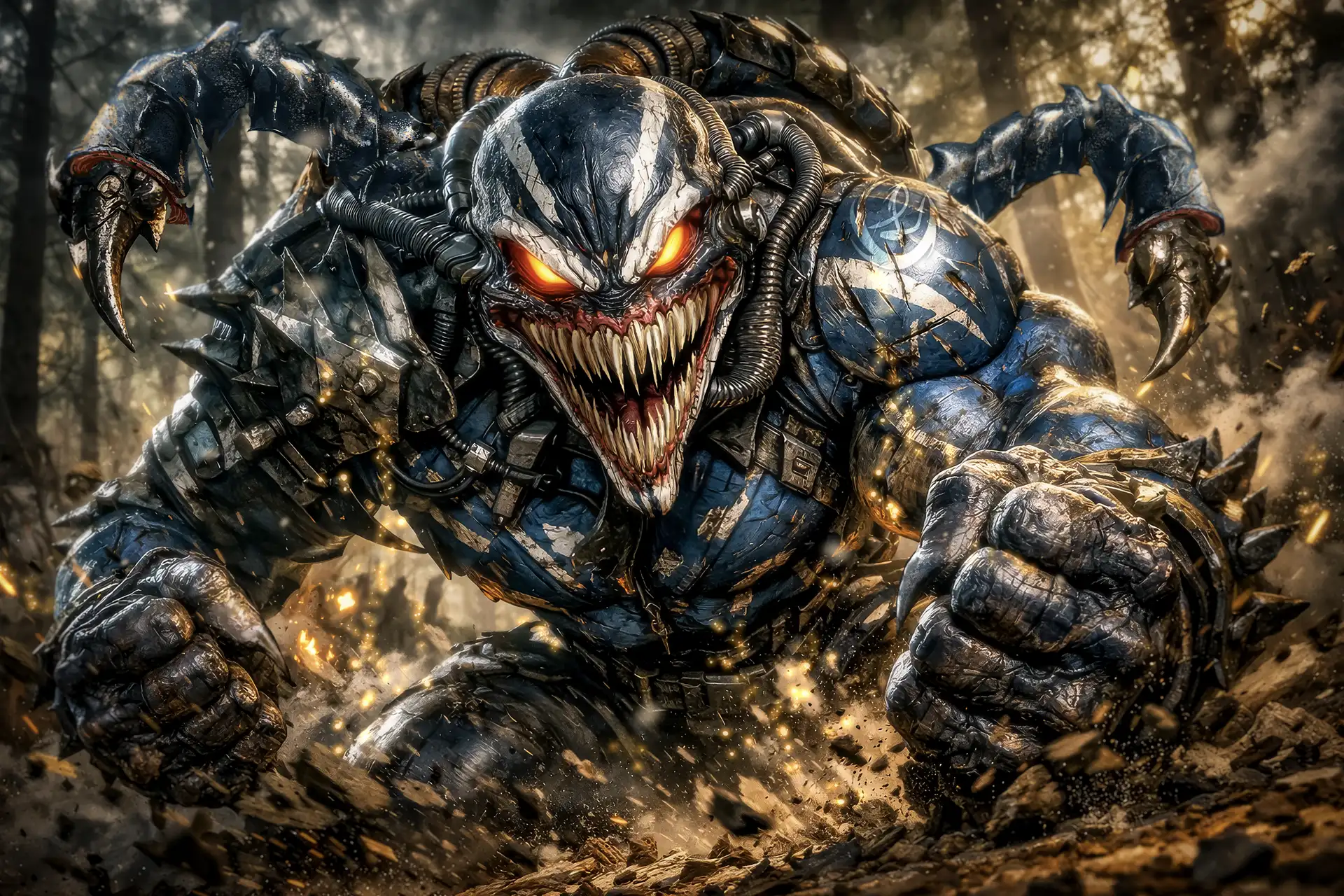 Biomechanical gothic figure with black mask and liquid metal tendrils, eerie cinematic composition