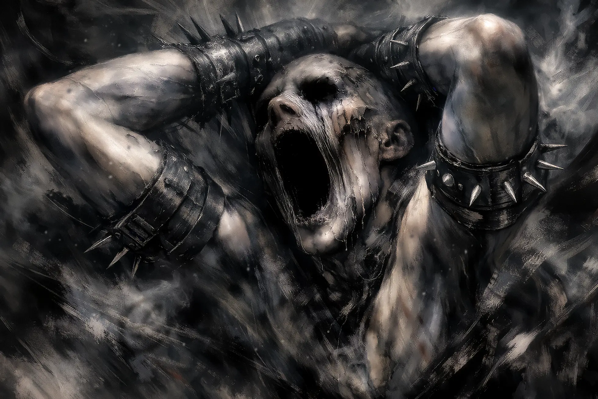 A figure caught in the moment of internal collapse—where voice, identity, and flesh begin to separate.